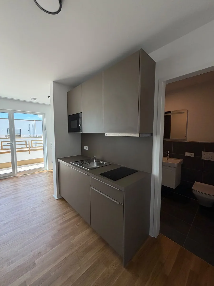 Küchenzeile mit Blick zur Terrasse und ins Badezimmer
