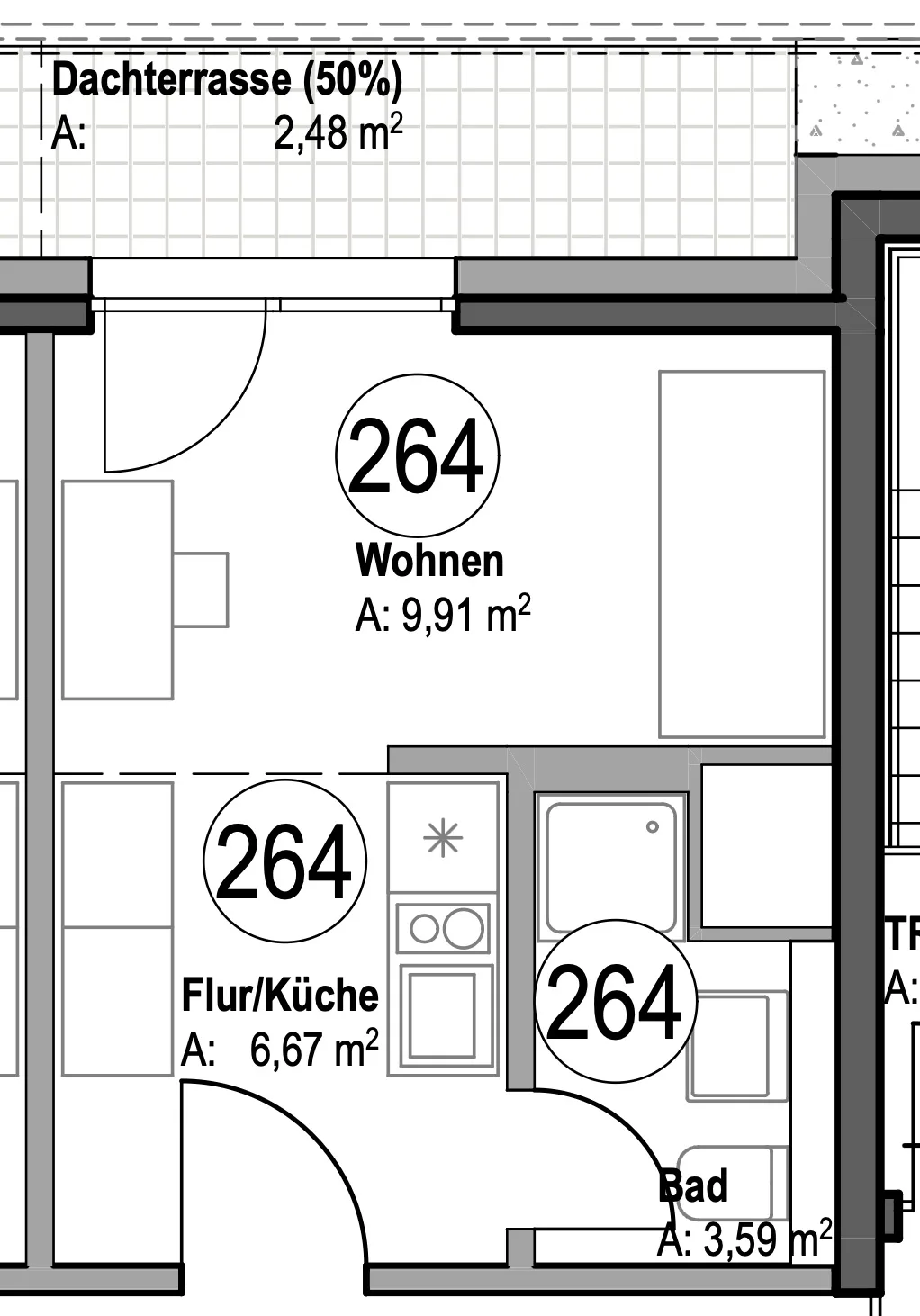 Grundriss WE 264 · Raumaufteilung · planquadrat Architekten