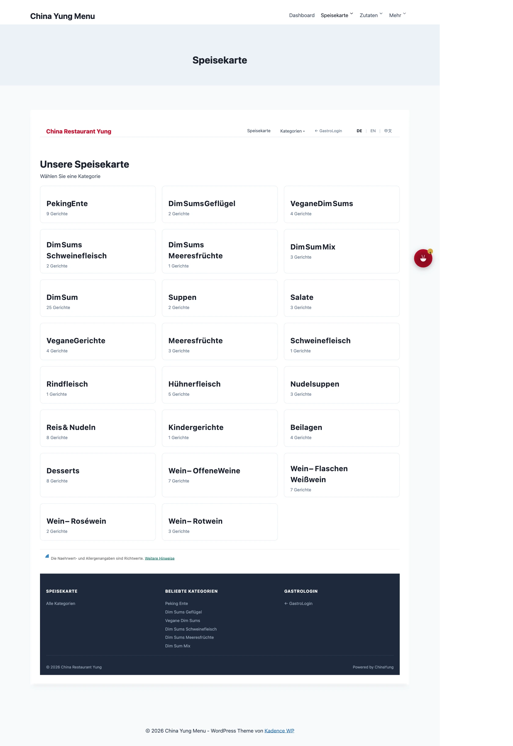 Öffentliche Speisekarte – Gästeansicht mit Kategorien, Allergen-Icons und Chatbot-Button
