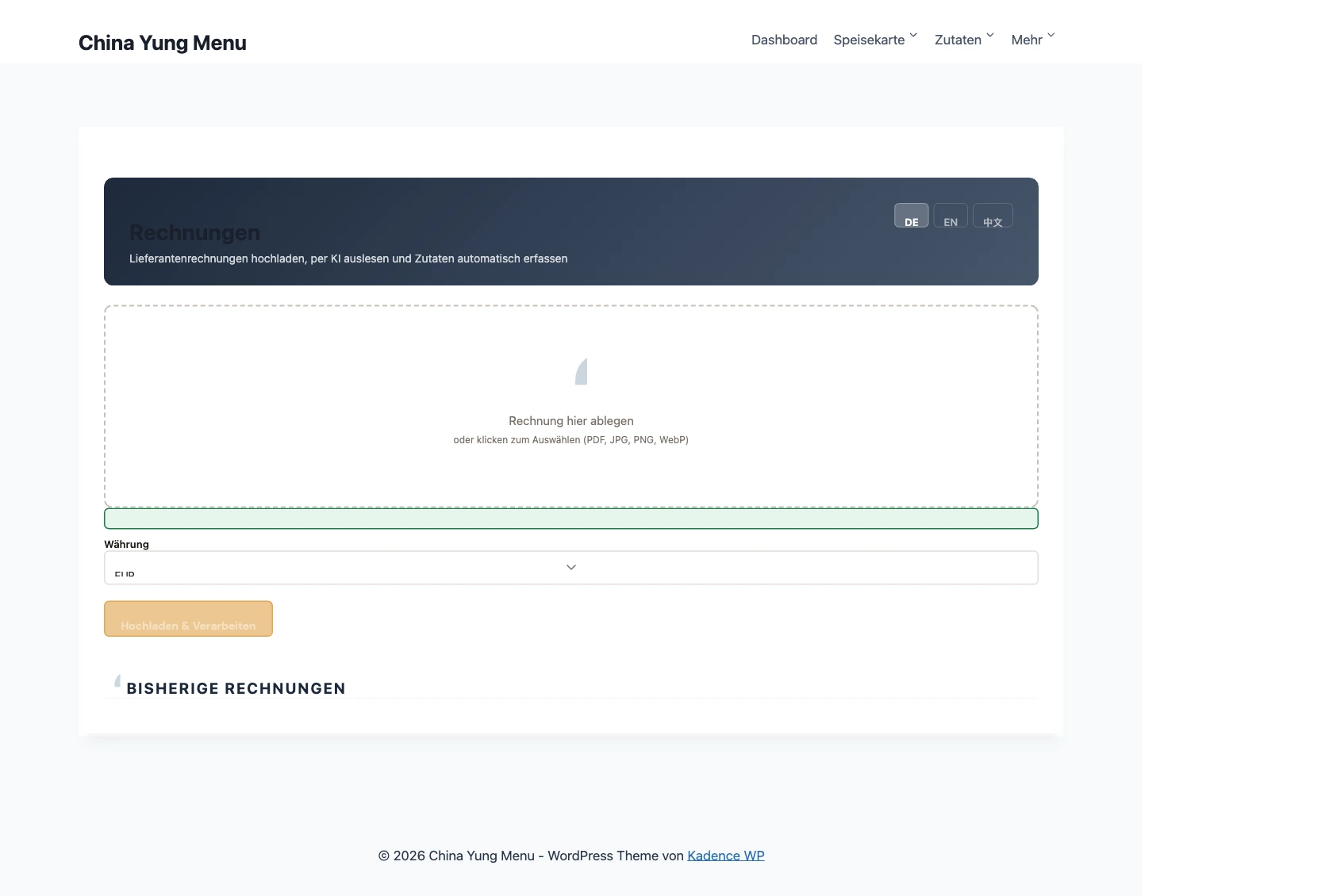Leerer Upload-Bereich – Rechnung per Drag & Drop oder Dateiauswahl hochladen