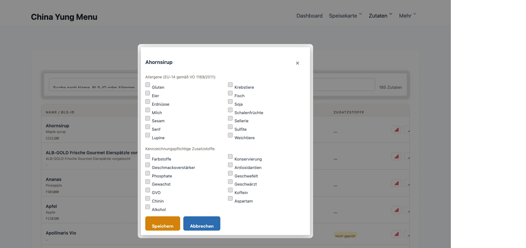 Zutat-Detailansicht – Nährwerte, Quelle, Prüfstatus und Allergen-Informationen