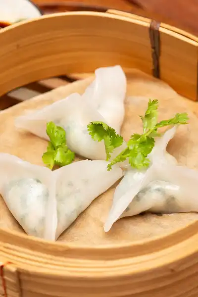Bärlauch-Har-Gao als Dim Sum serviert