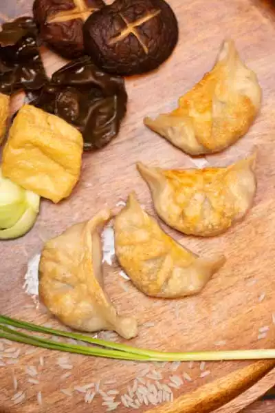 Jiaozi mit Tofu und Pilzen serviert mit Dip