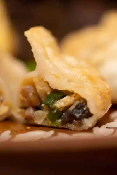 Gedämpfte Jiaozi mit Tofu und Pilzen (Reismehl)