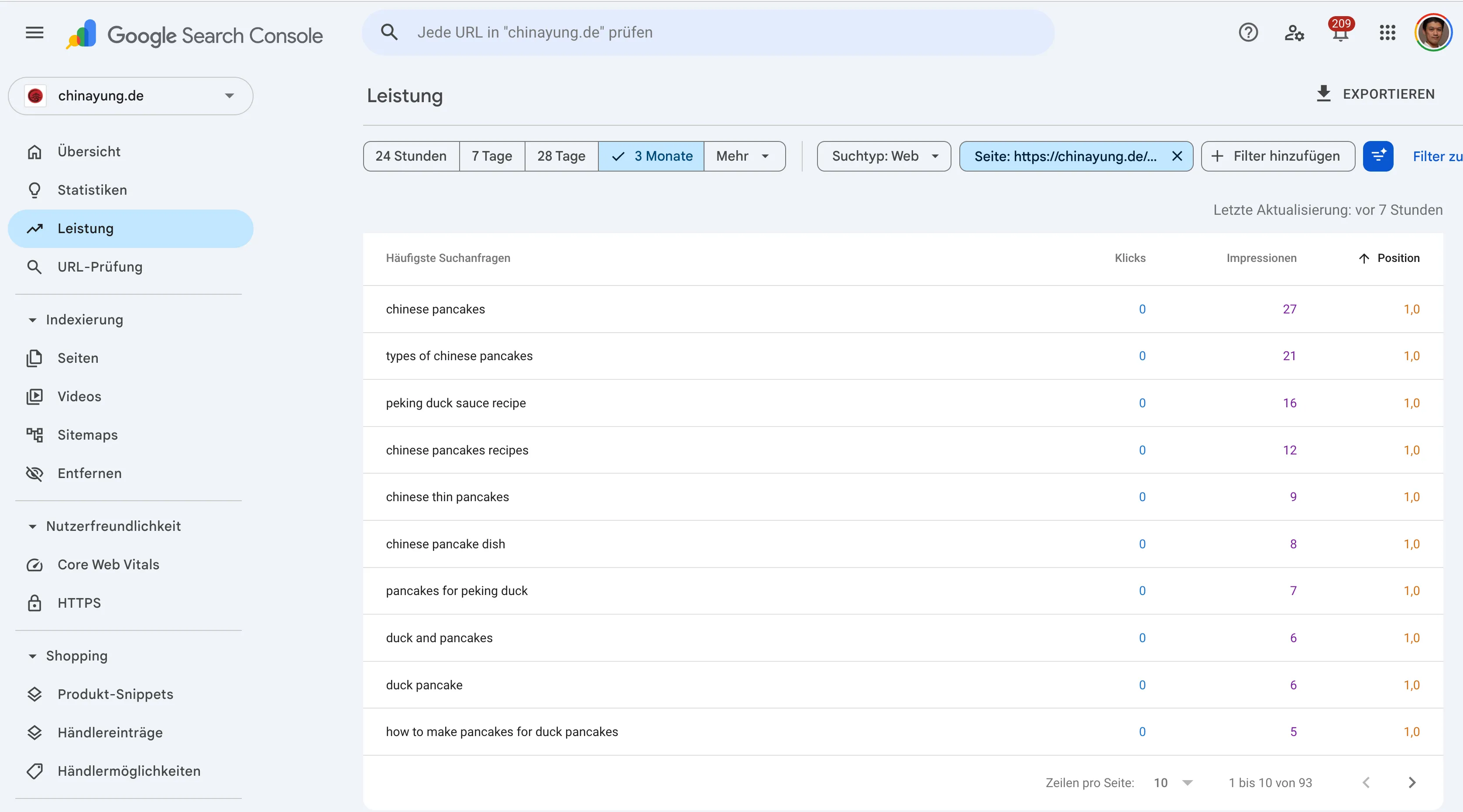 GSC Page-Detail /en/peking-duck-pancakes/ — 93 Suchanfragen auf einer einzigen Page, alle Top-Queries auf Position 1.0