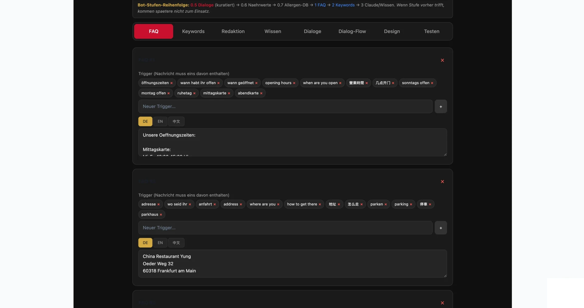 chiwai Bot-Manager Backend: FAQ-Editor mit mehrsprachigen Triggern (DE/EN/ZH/ES/TR/AR und weitere auf Anfrage) für Öffnungszeiten und Adresse — automatisch eingebettet als FAQPage-Schema