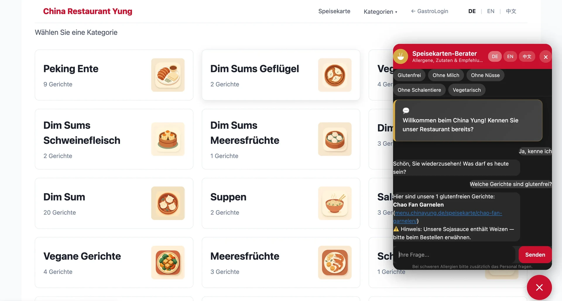 Chiwai Live-Frontend chinayung.de: Speisekarten-Berater rechts mit Filter-Buttons Glutenfrei, Ohne Milch, Ohne Nüsse, Ohne Schalentiere, Vegetarisch — beantwortet 'Welche Gerichte sind glutenfrei?' mit Live-Link 'Chao Fan Garnelen'